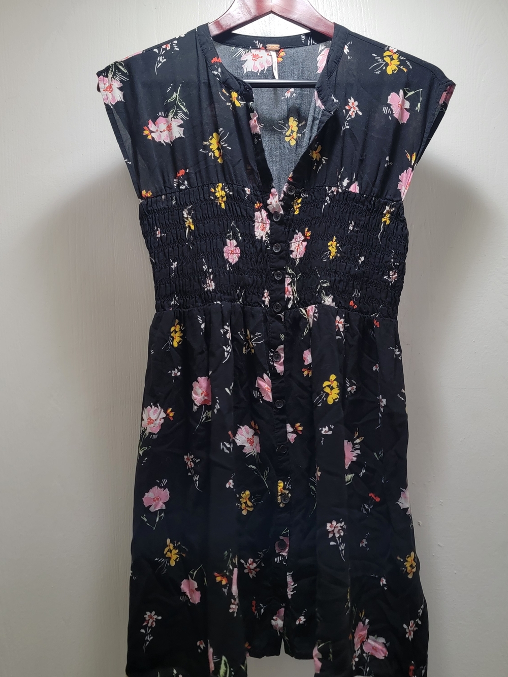Free People Black Floral Mini Dress with Pink and Yellow Flowers